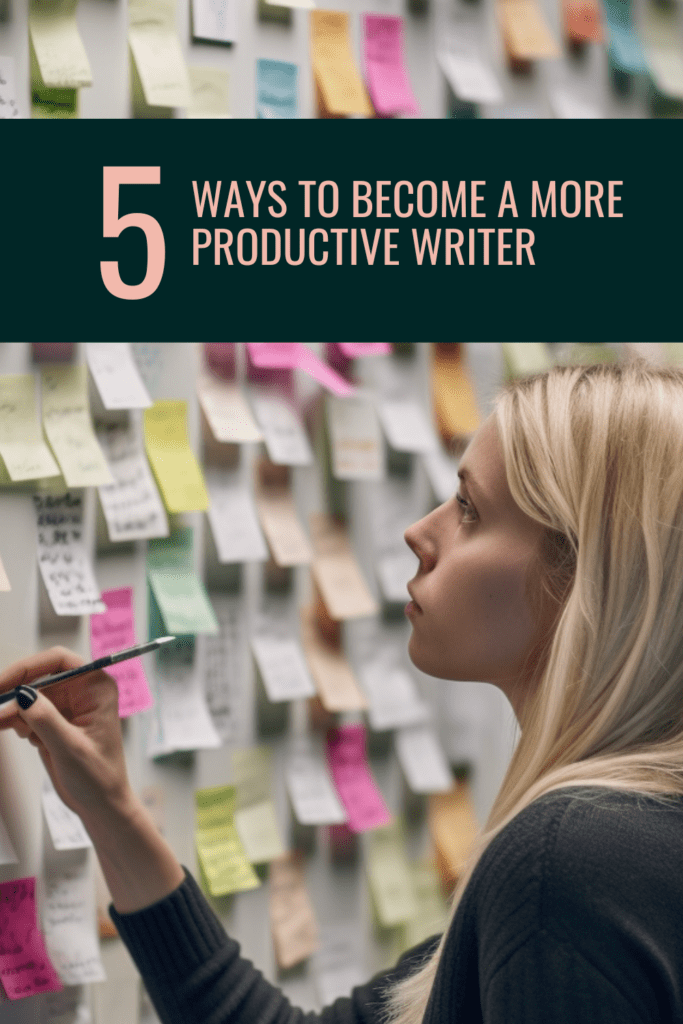 An author planning her story with post its on a wall. 