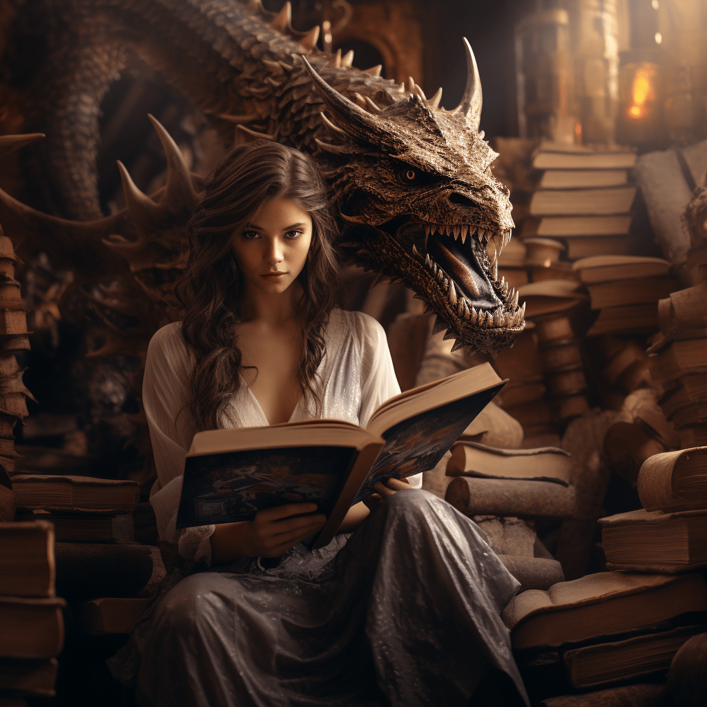 Girl reading about dragons. 