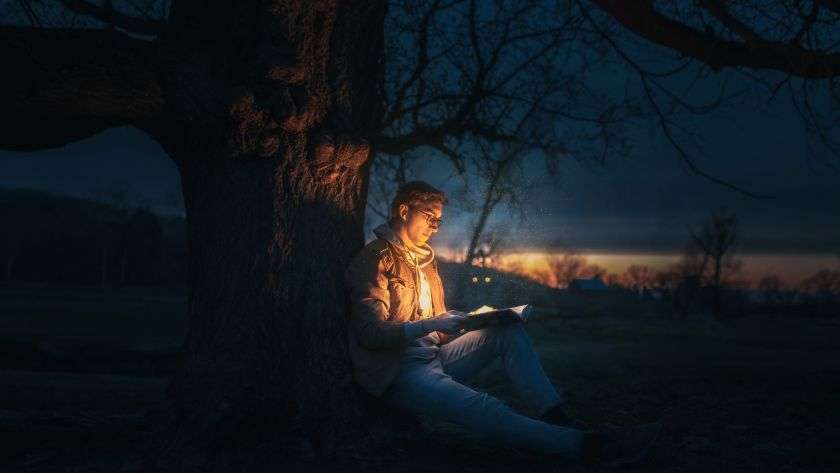 Person som sitter och läser en spännande bok under ett träd.