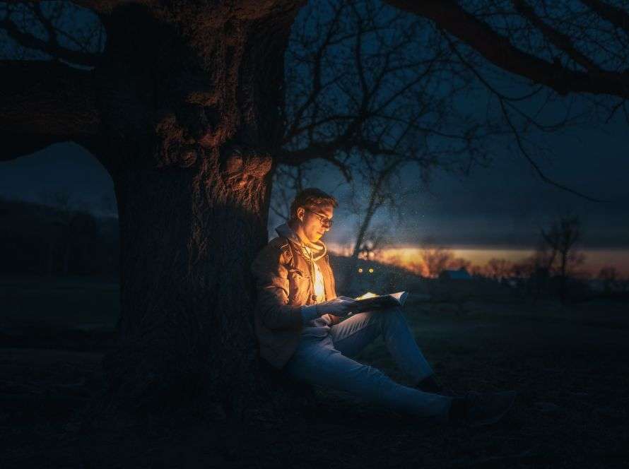 Person som sitter och läser en spännande bok under ett träd.